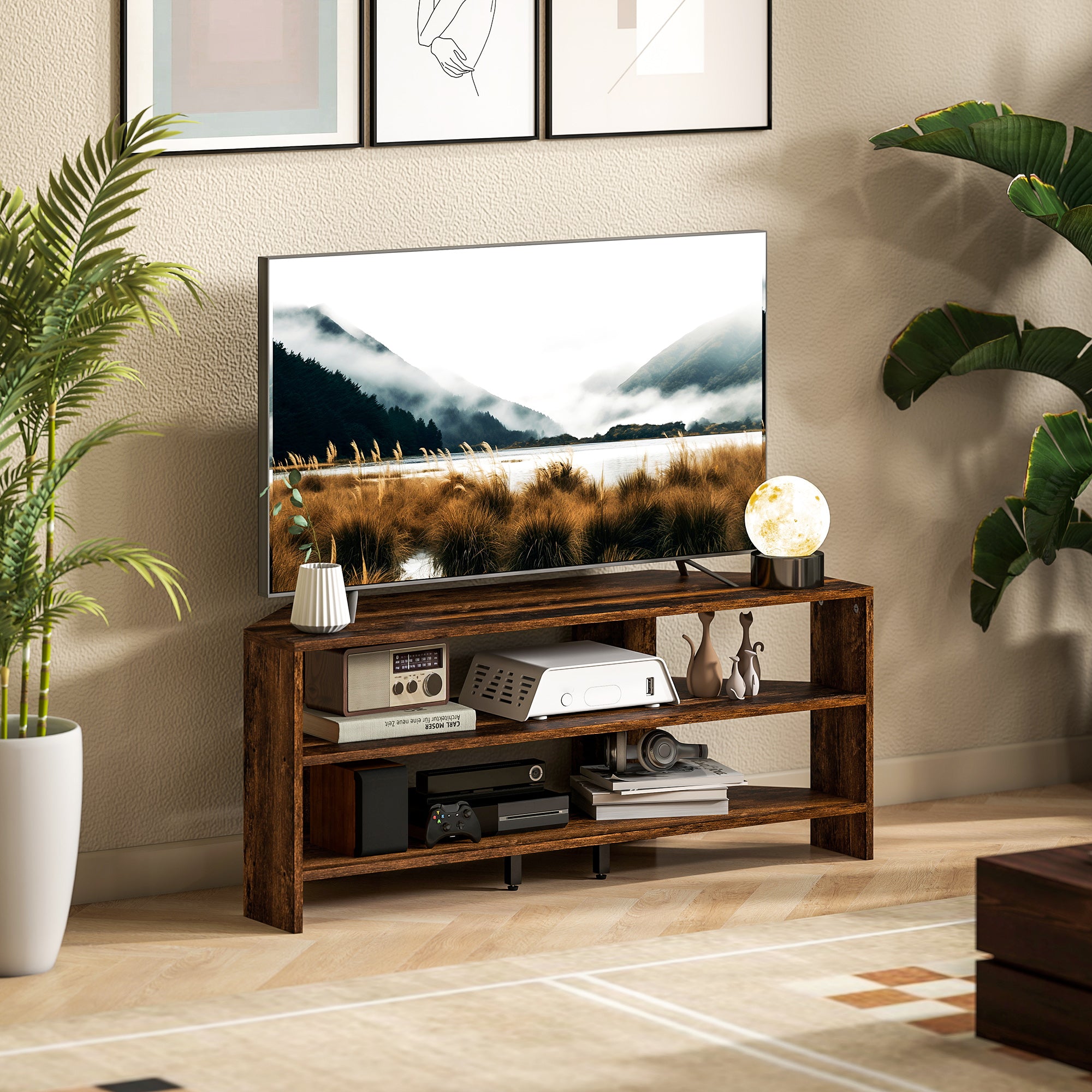 Wooden TV stand with a television displaying a nature scene, surrounded by plants and decor.