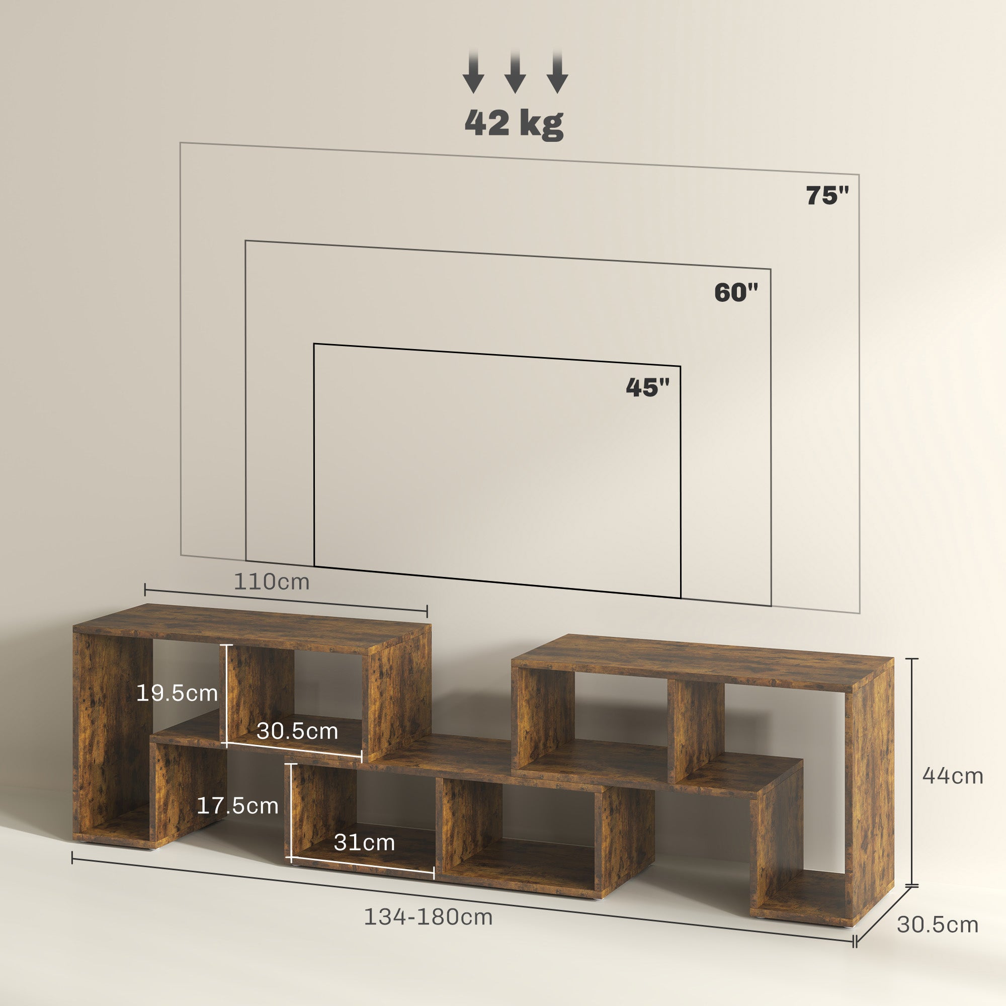 Rustic Dark Brown TV Stand with Open Shelves
