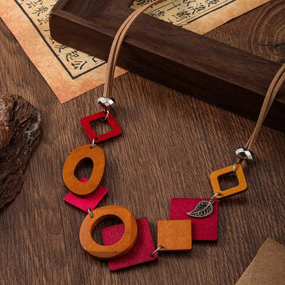 Vintage Ethnic Geometric Wood Bib Necklace – Statement Pendant Necklace for Women