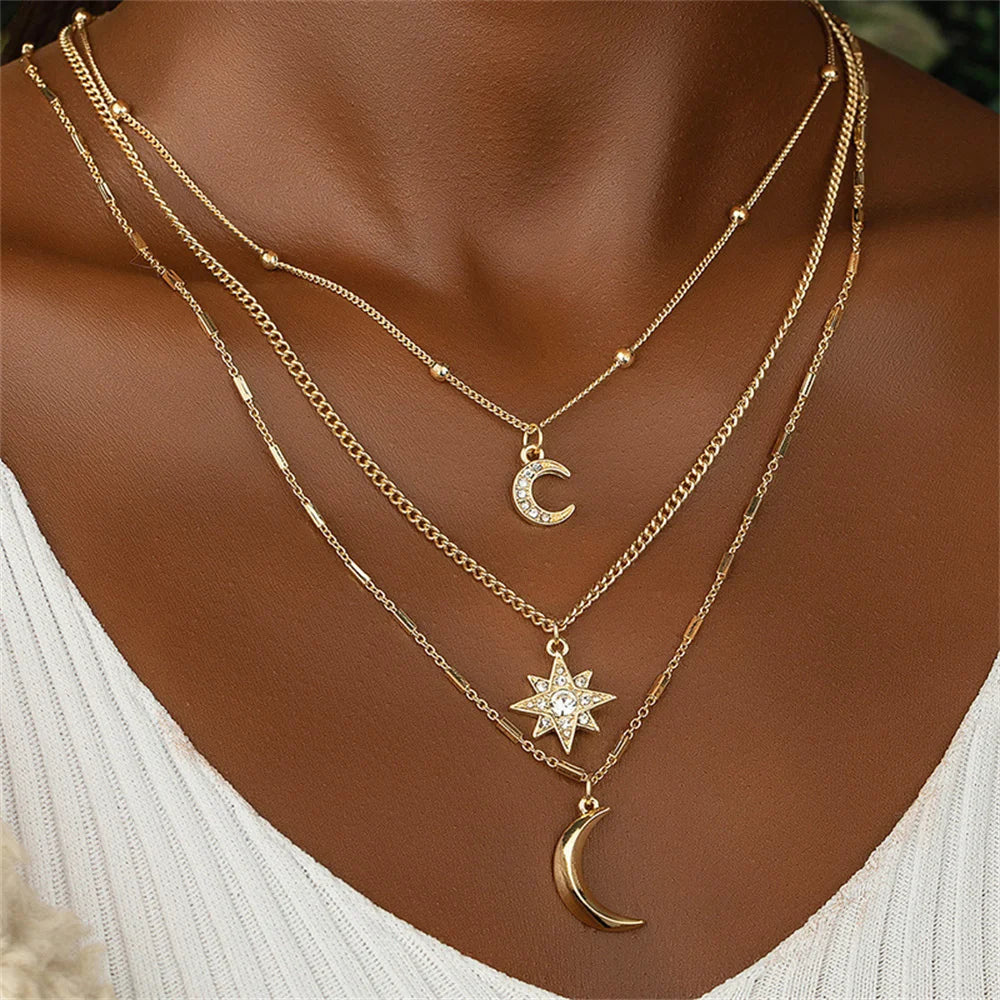 Boho Gold-plated Chain Crystal Moon Sun Multilevel Pendant Necklace