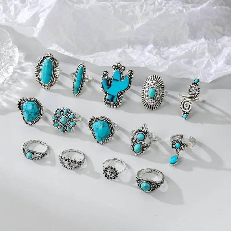 14-Piece Bohemian Turquoise & Geometric Ring Set