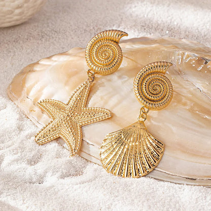 Boho Gold Starfish & Shell Dangle Earrings – Asymmetric Beach Drop Earrings