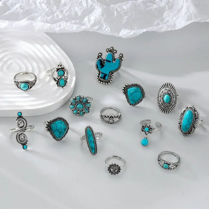 14-Piece Bohemian Turquoise & Geometric Ring Set