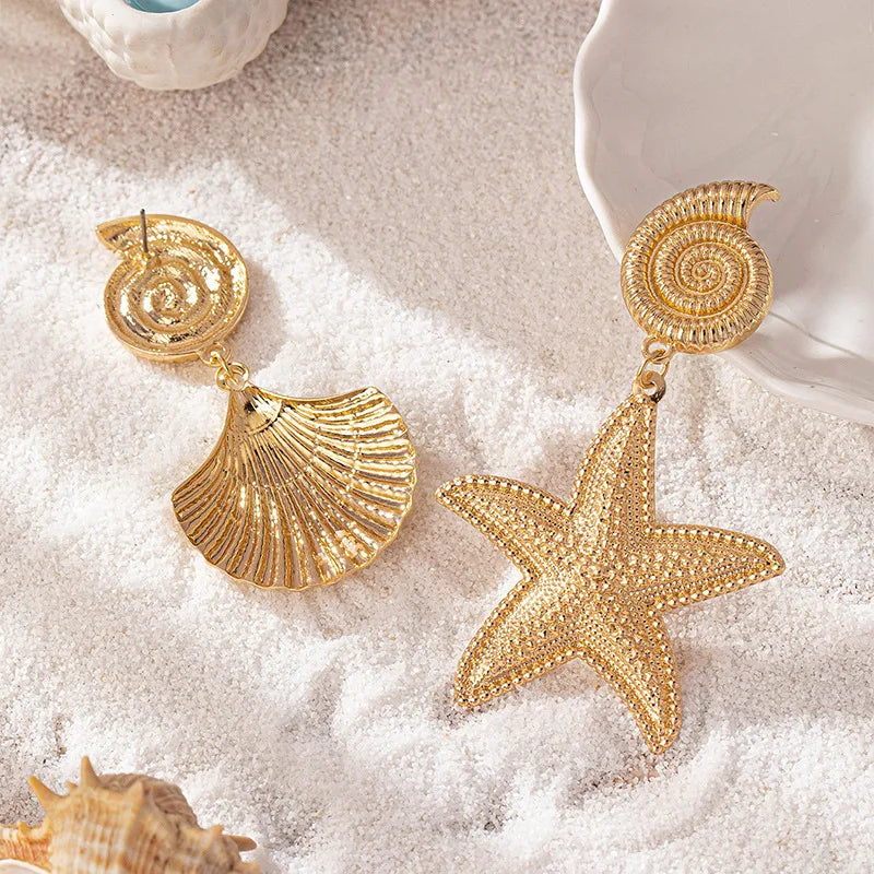 Boho Gold Starfish & Shell Dangle Earrings – Asymmetric Beach Drop Earrings