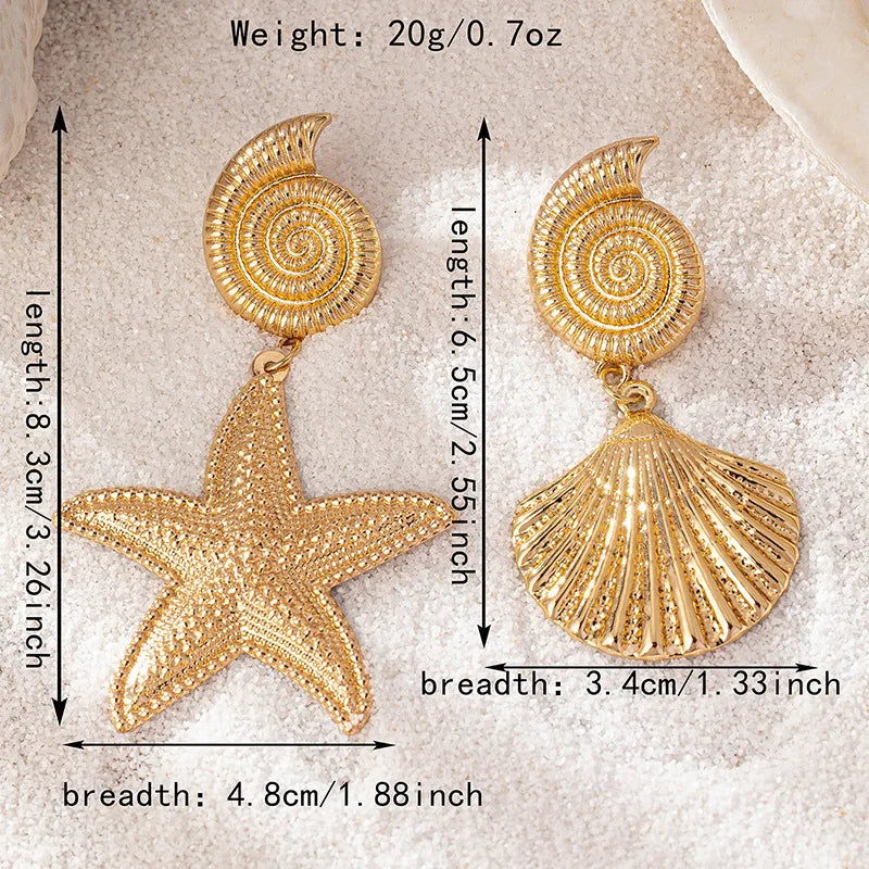 Boho Gold Starfish & Shell Dangle Earrings – Asymmetric Beach Drop Earrings