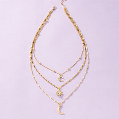 Boho Gold-plated Chain Crystal Moon Sun Multilevel Pendant Necklace