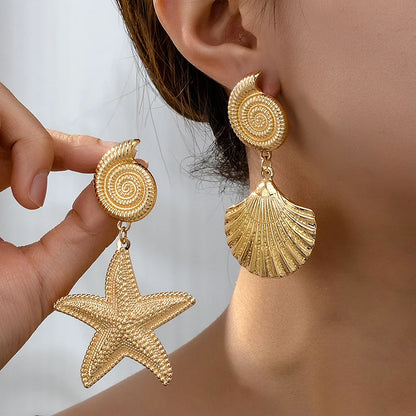 Boho Gold Starfish & Shell Dangle Earrings – Asymmetric Beach Drop Earrings