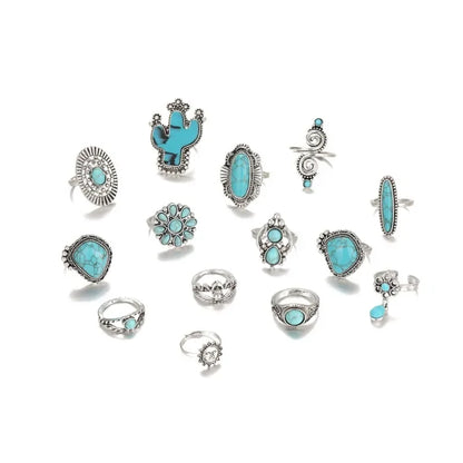 14-Piece Bohemian Turquoise & Geometric Ring Set