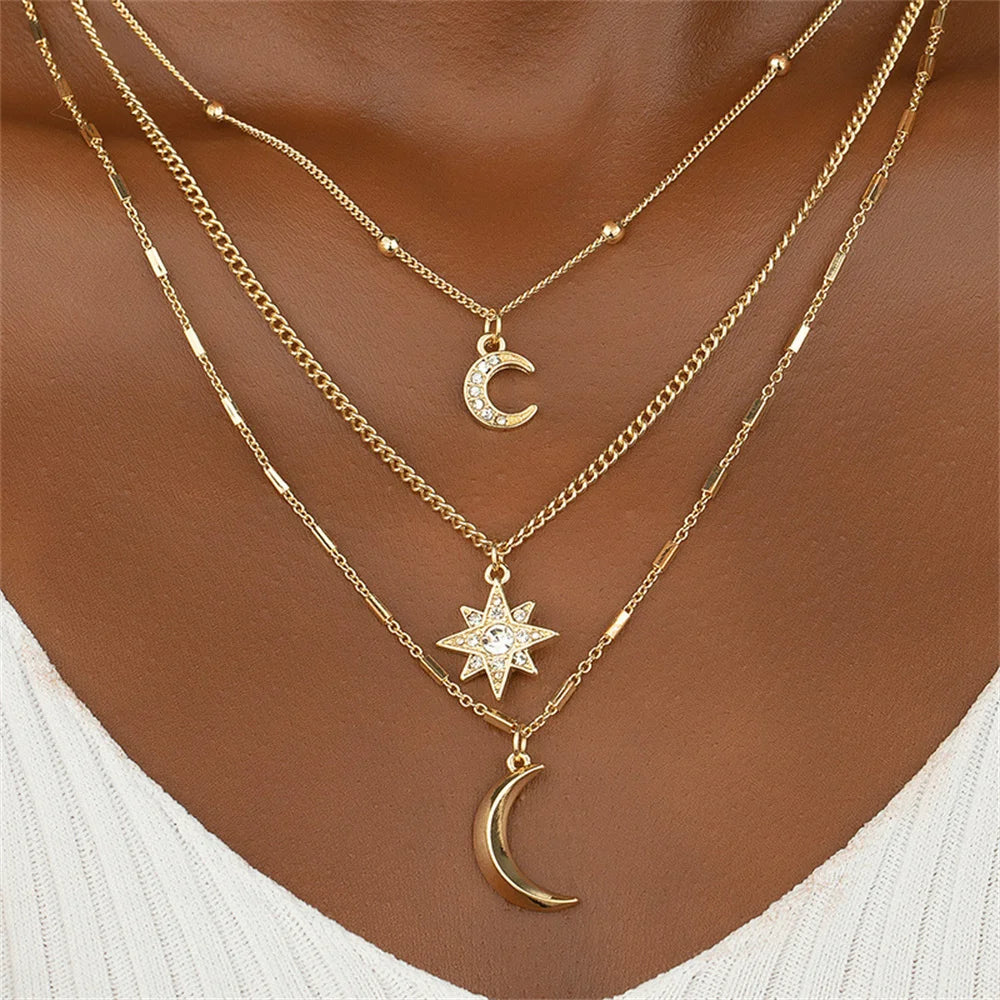 Boho Gold-plated Chain Crystal Moon Sun Multilevel Pendant Necklace