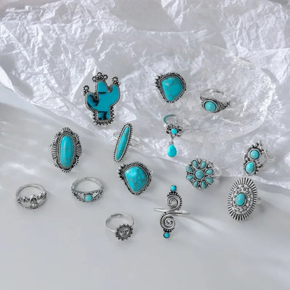 14-Piece Bohemian Turquoise & Geometric Ring Set