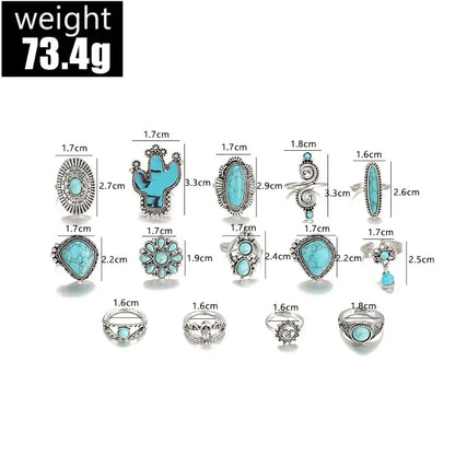 14-Piece Bohemian Turquoise & Geometric Ring Set