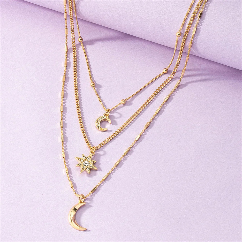 Boho Gold-plated Chain Crystal Moon Sun Multilevel Pendant Necklace