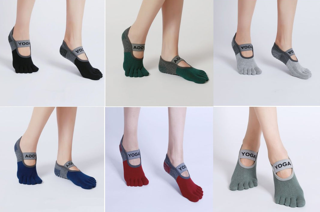 Set of five pairs of toe-separated socks worn by models on a white background