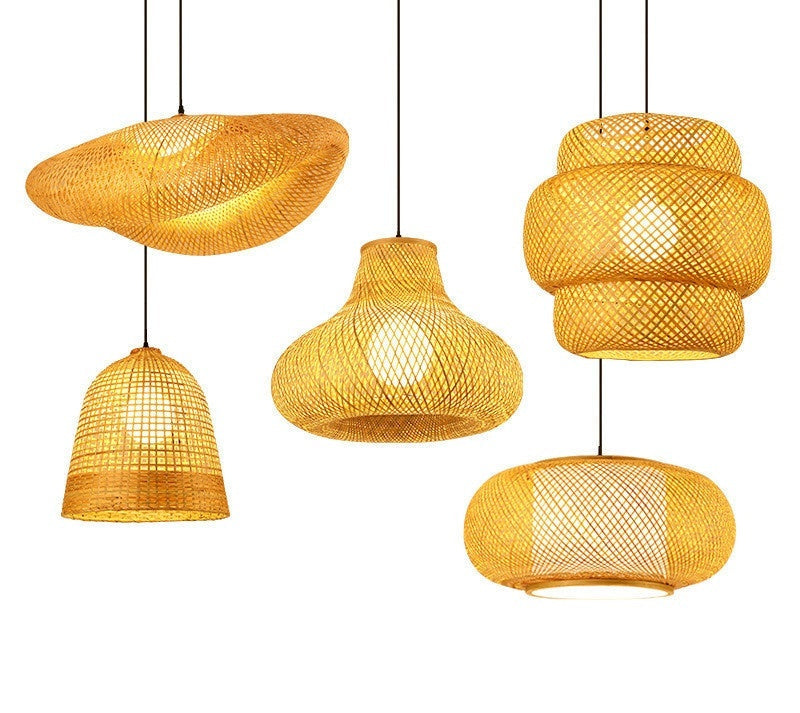 Set of five woven pendant lights on a white background