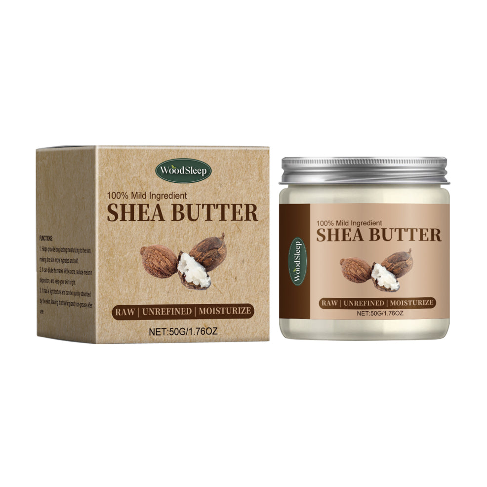 Shea butter jar and packaging with 'Wood Sleep' branding on a white background