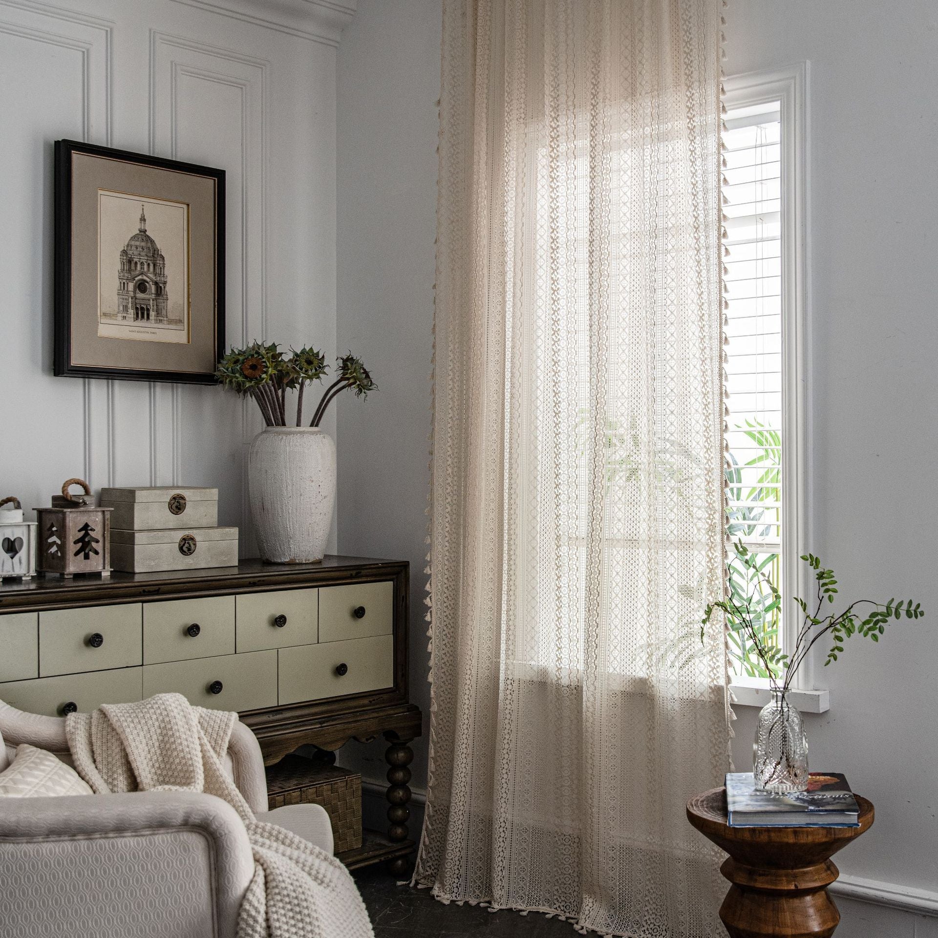 Sheer Beige Boho Curtain with Tassels