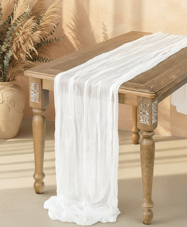 white Sheer Bohemian Table Runner for Boho Weddings