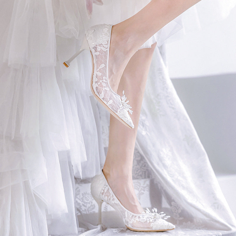 Sheer Lace Bridal Heels Boho Chic Design with Pointed Toe