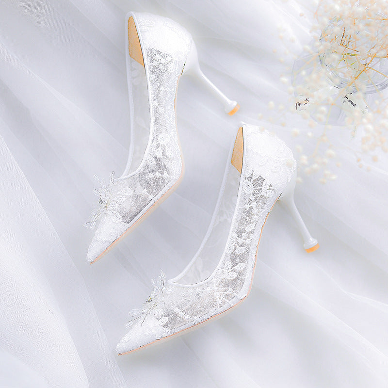 Sheer Lace Bridal Heels Boho Chic Design with Pointed Toe