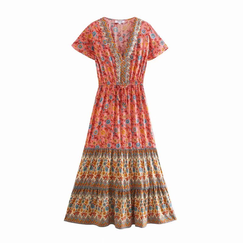 colorful Short Sleeve Boho Dress with Buttons
