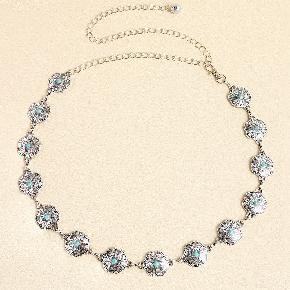 Silver Boho Concho Belt with Blue Gemstones