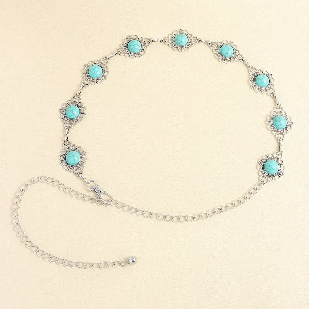 Silver Boho Concho Belt with Blue Gemstones waist chain