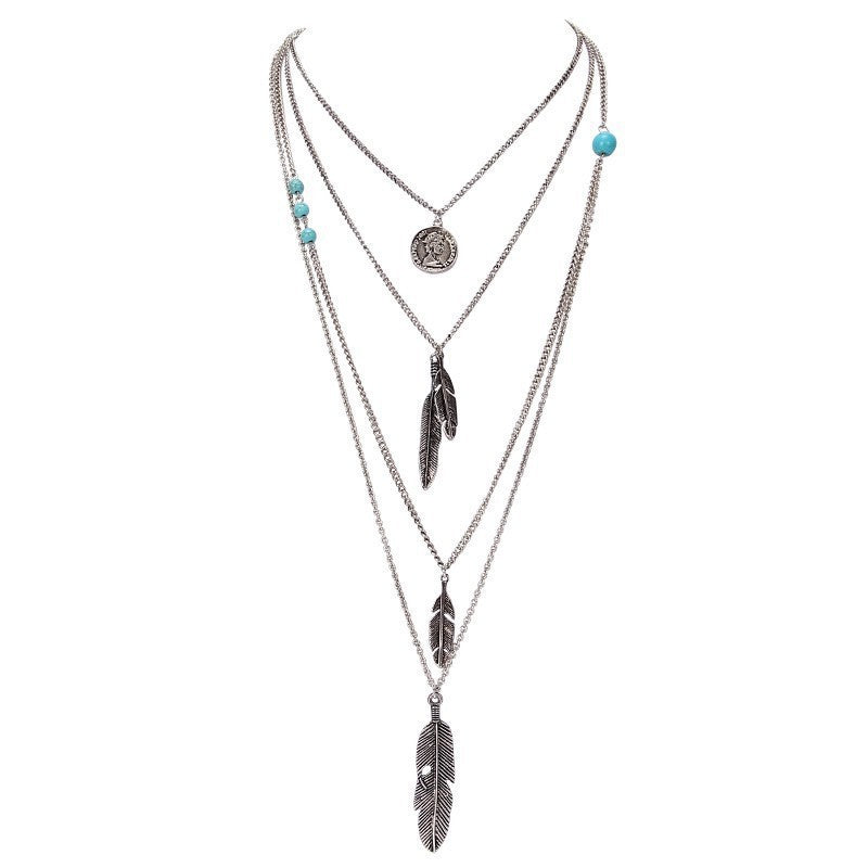 Silver Boho Multi Layer Necklace with Feather Charms