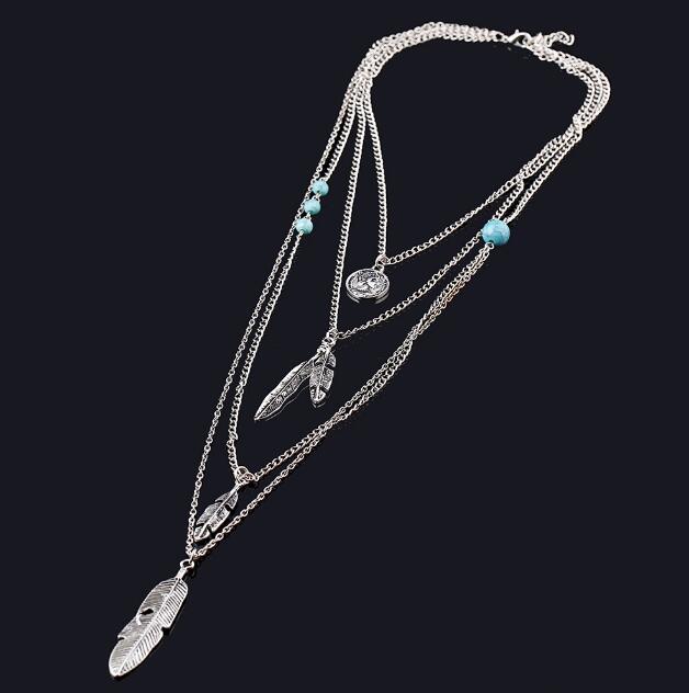 Multistrand necklace with feather and turquoise bead pendants on a black background