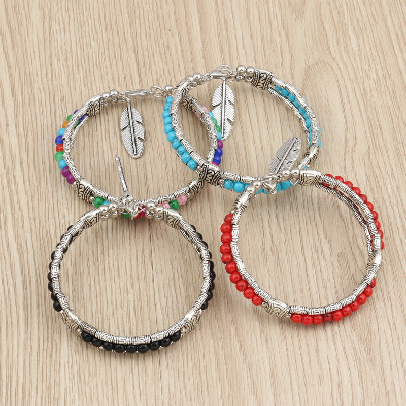 Silver Metal Feather Charm Bracelet with Beads