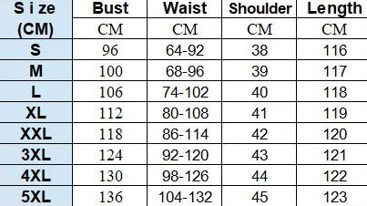 Size chart for a dress with measurements in centimeters