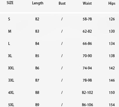 Measurement chart for clothing sizes S to 5XL with length, bust, waist, and hips dimensions.