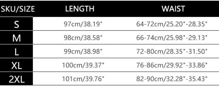 Product size chart with length, waist, and weight measurements.