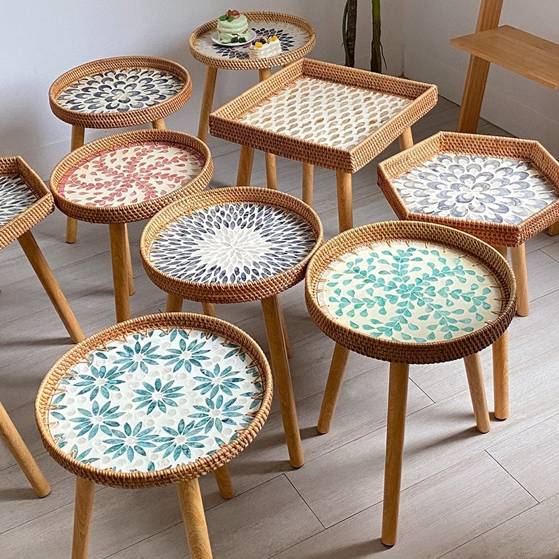 Small Wooden Rattan Bohemian Table