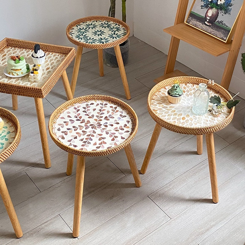 Small Wooden Rattan Bohemian Table