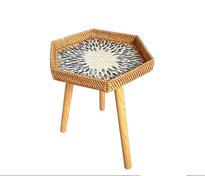 Small Wooden Rattan Bohemian Table