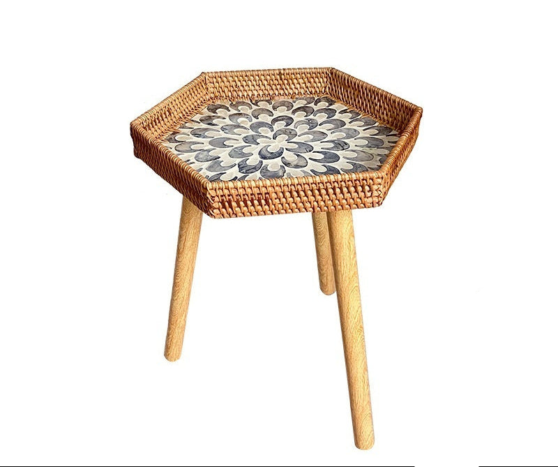 Small Wooden Rattan Bohemian Table