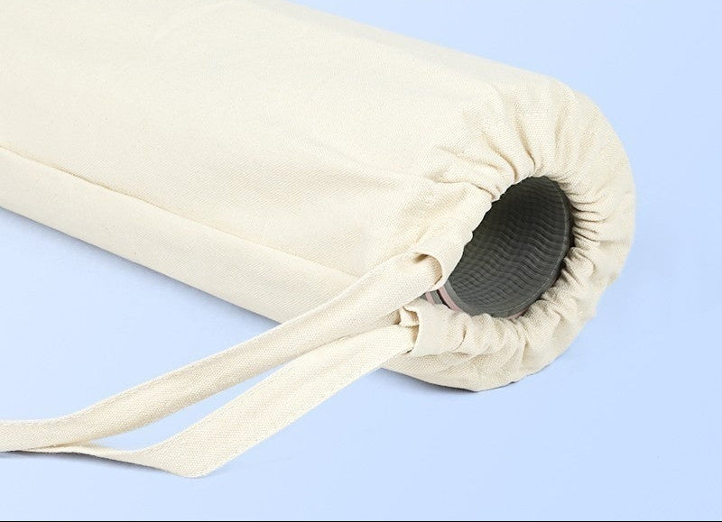 Drawstring bag with text indicating drawstring closure for convenience on a light blue background