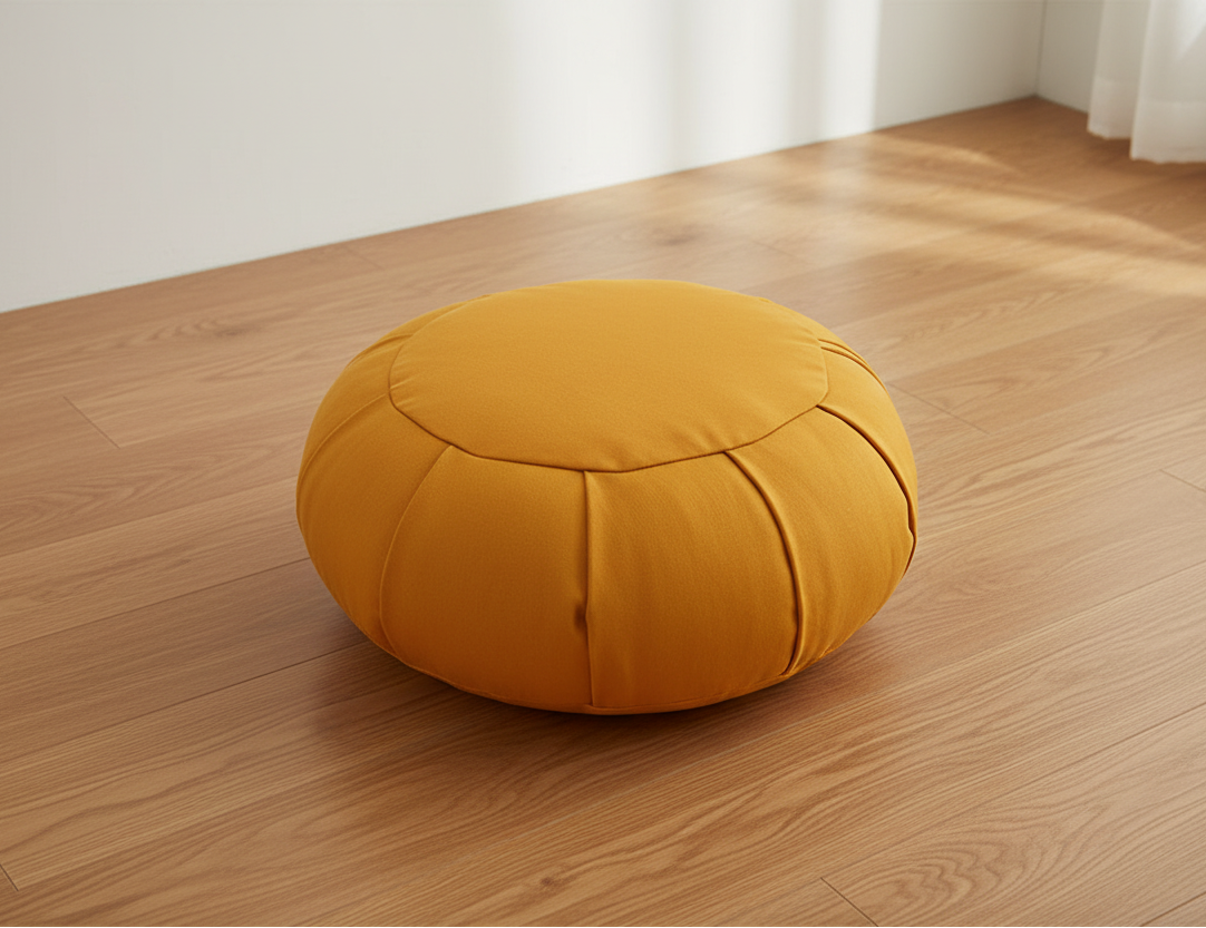 Yellow meditation cushion on a white background
