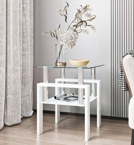 Square Two Tier Glass Transparent White Table