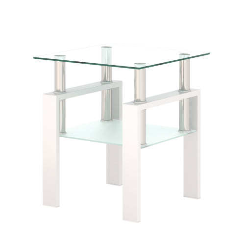 Glass side table with white metal frame on a white background