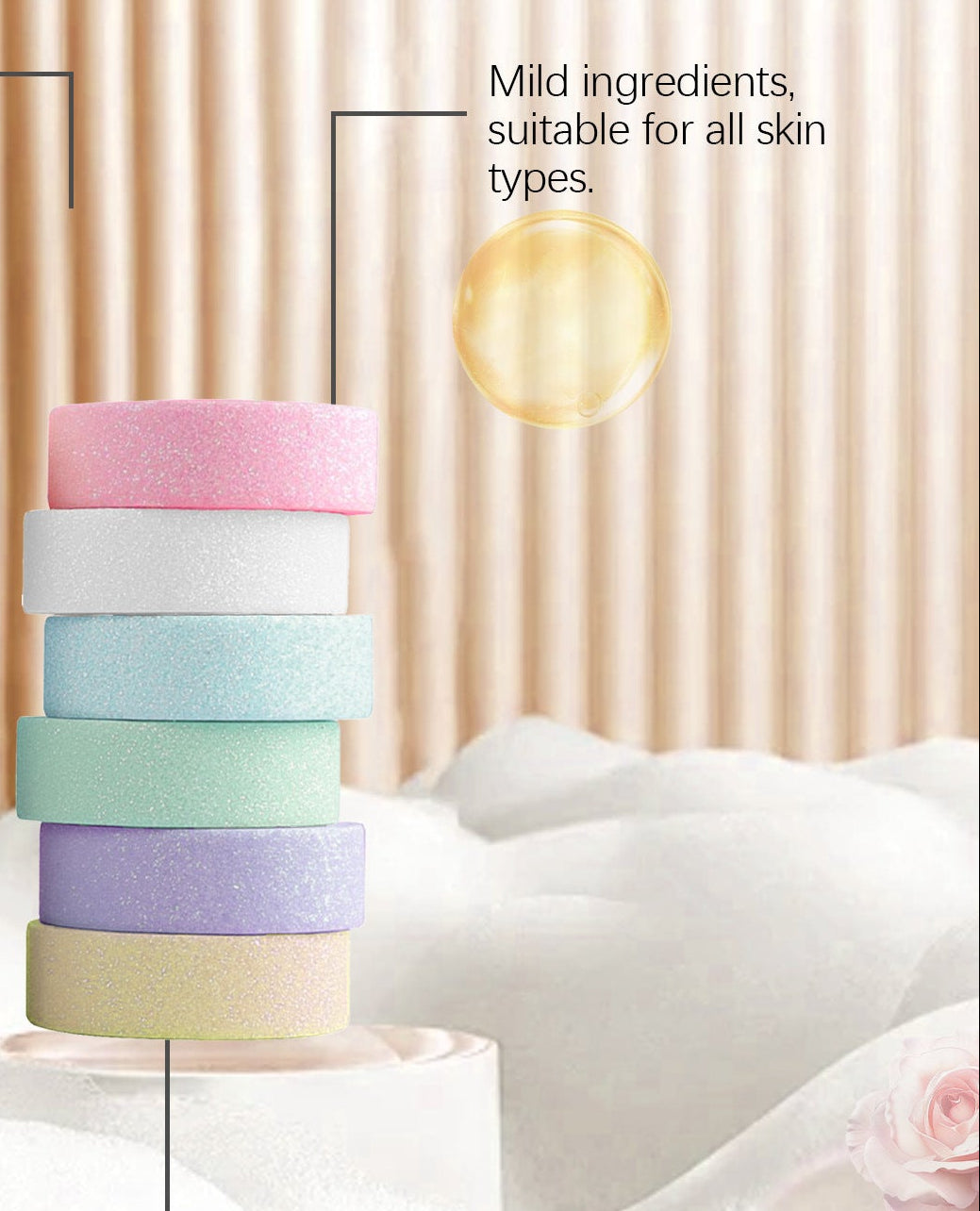 Stack of colorful bath bombs on a white surface with text about their benefits.