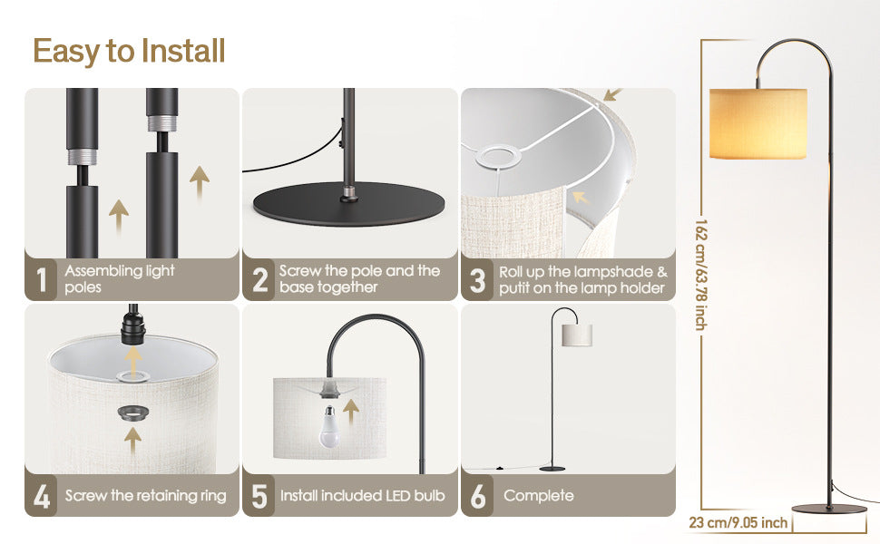 Step-by-step guide on how to assemble a floor lamp with illustrations and text.