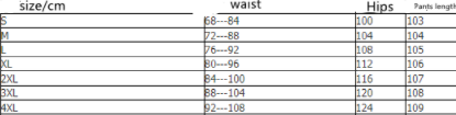Table displaying waist, hips, and pants length measurements for different sizes.