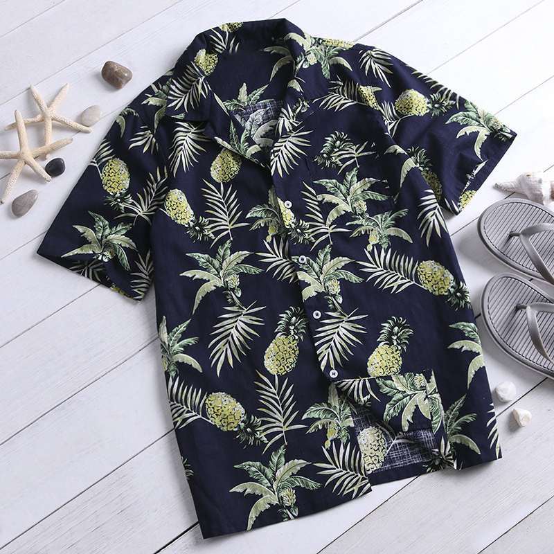 black Summer Button Up Boho Shirt for Men