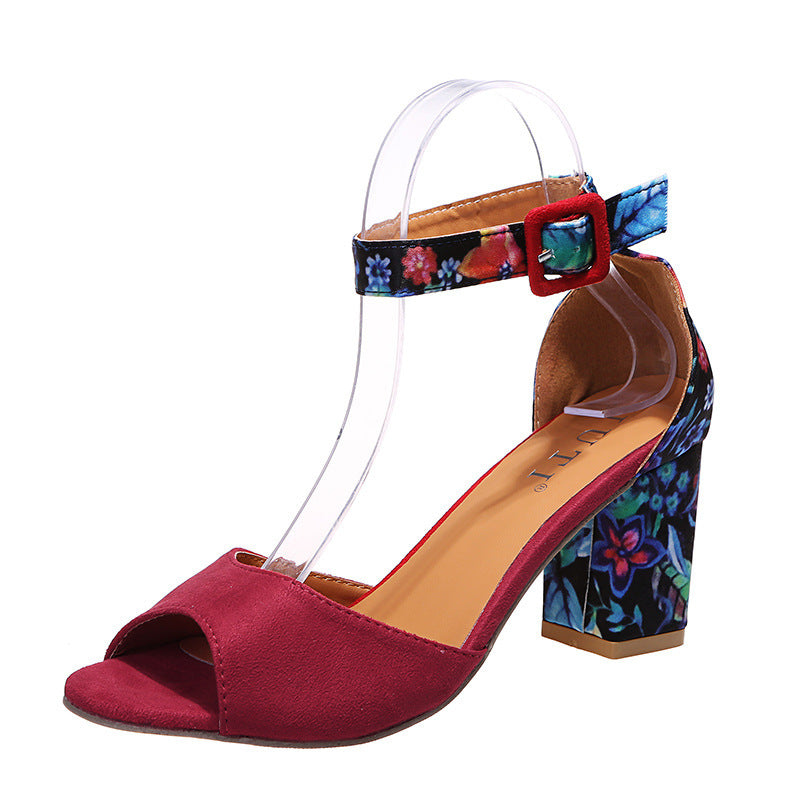 red Summer Heeled Sandals with Floral Colorful Heel
