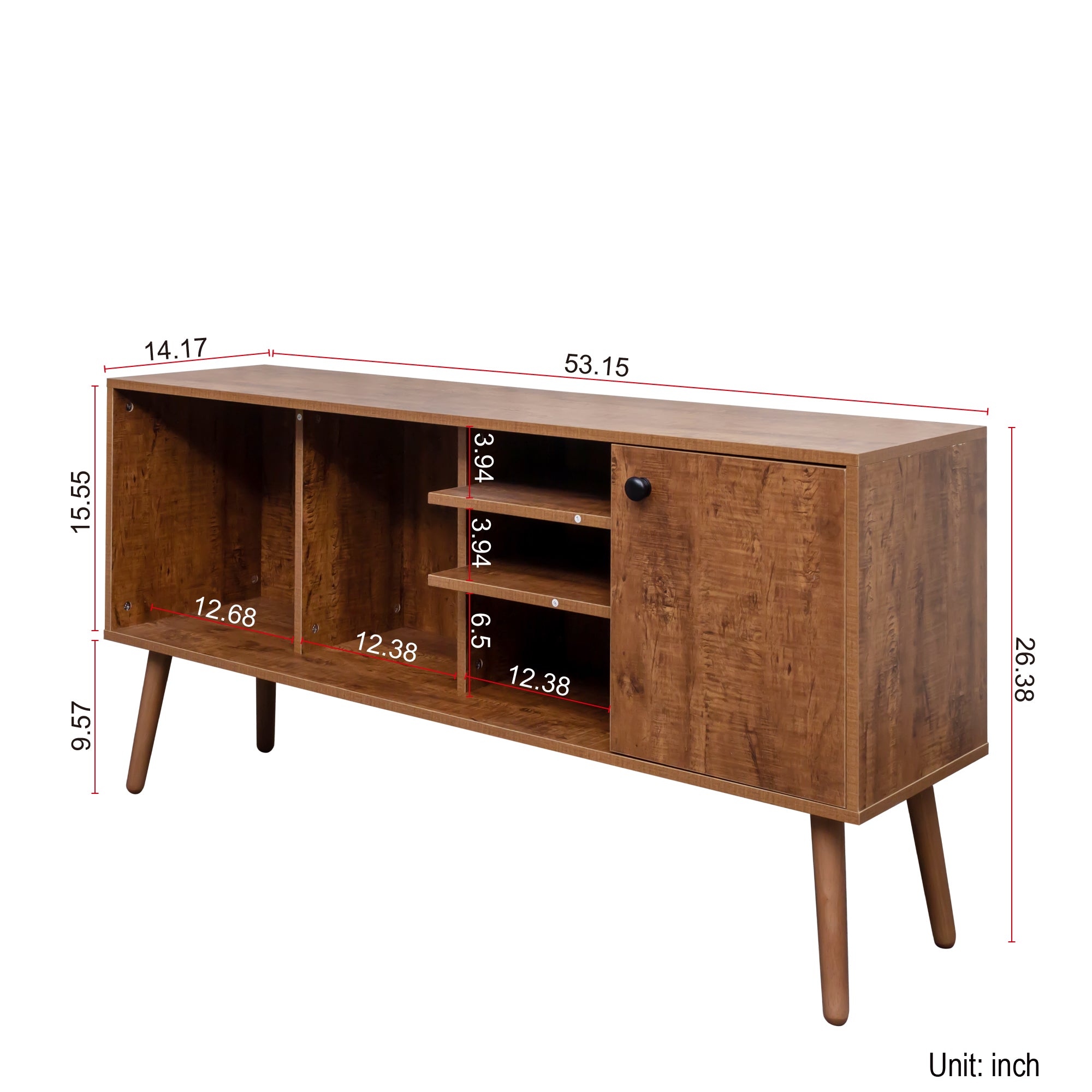 Wooden entertainment console with dimensions labeled in inches on a white background