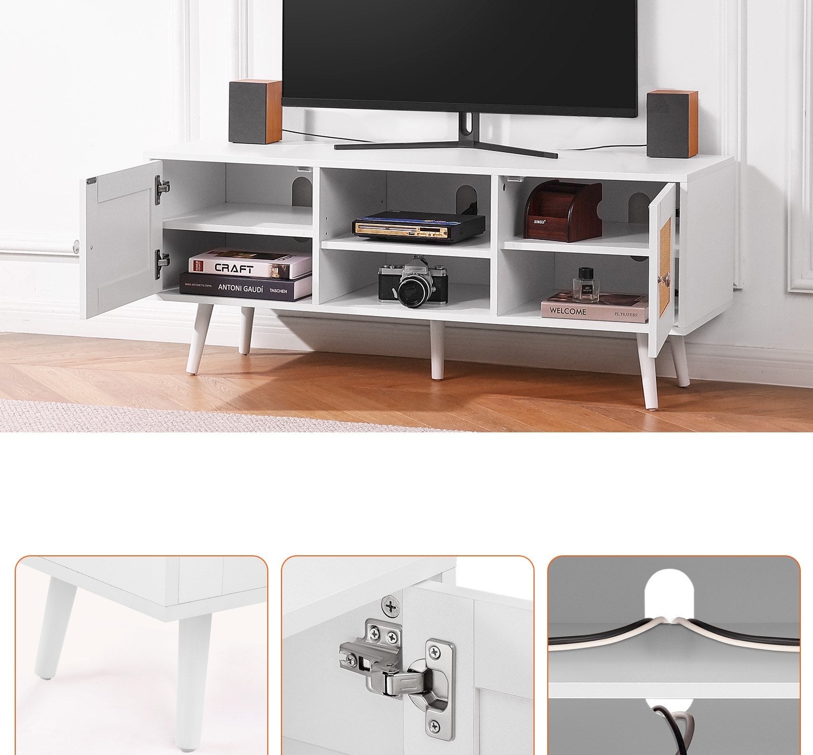 Boho TV Cabinet with Closed Rattan Shelves