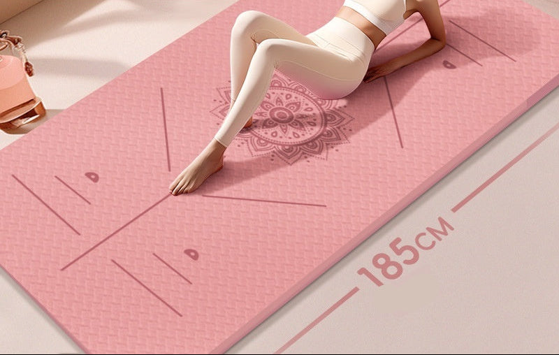 Woman on a pink yoga mat with text about home anti-slip sound insulation.