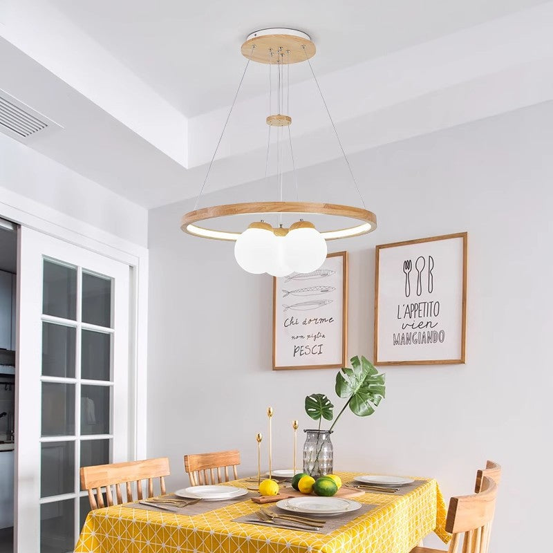 Three Head Bohemian Chandelier with Wood and Bubble Lamps