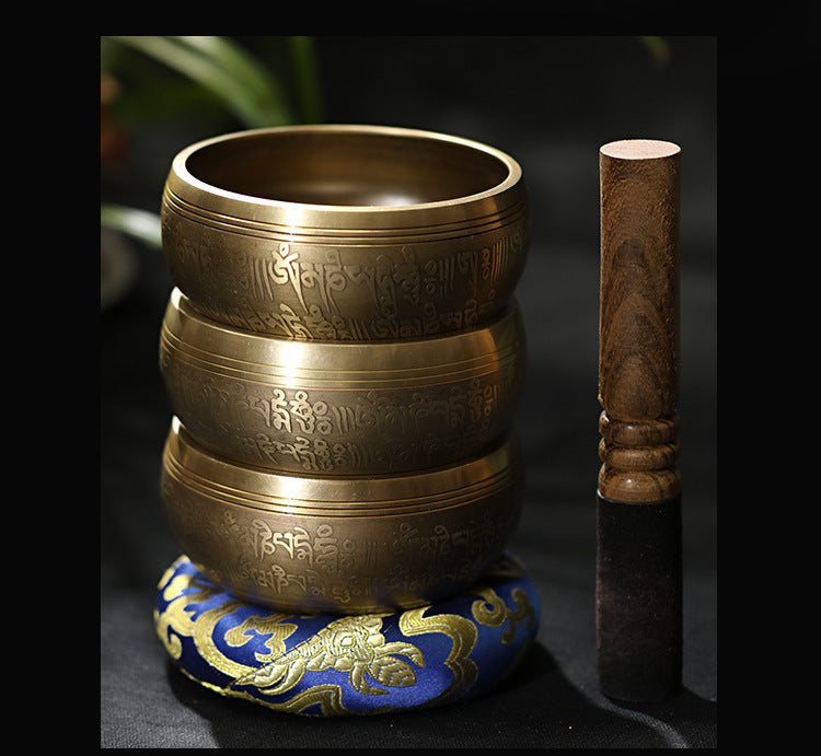 Engraved Tibetan Singing Bowl with Leather Mallet